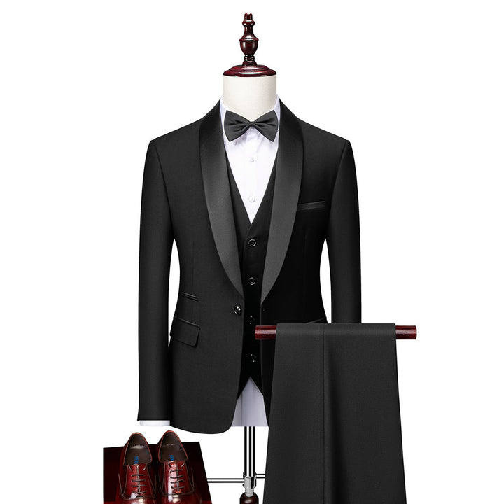 Costume homme slim fit 3 pièces élégant, idéal mariage ou affaires, incluant veste, pantalon et gilet assortis.