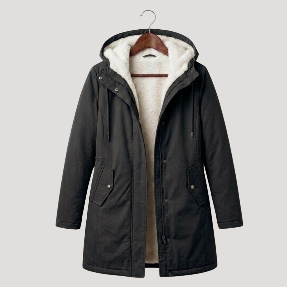 Veste parka femme décontractée, coupe longue et chaude. Manteau d'hiver avec capuche, style urbain moderne.