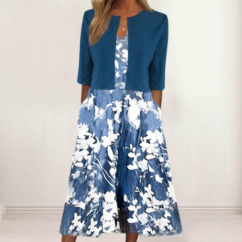 Robe midi fleurie pour femme, tissu fluide ultra confortable, design élégant pour l'été et le printemps, mode stylée.