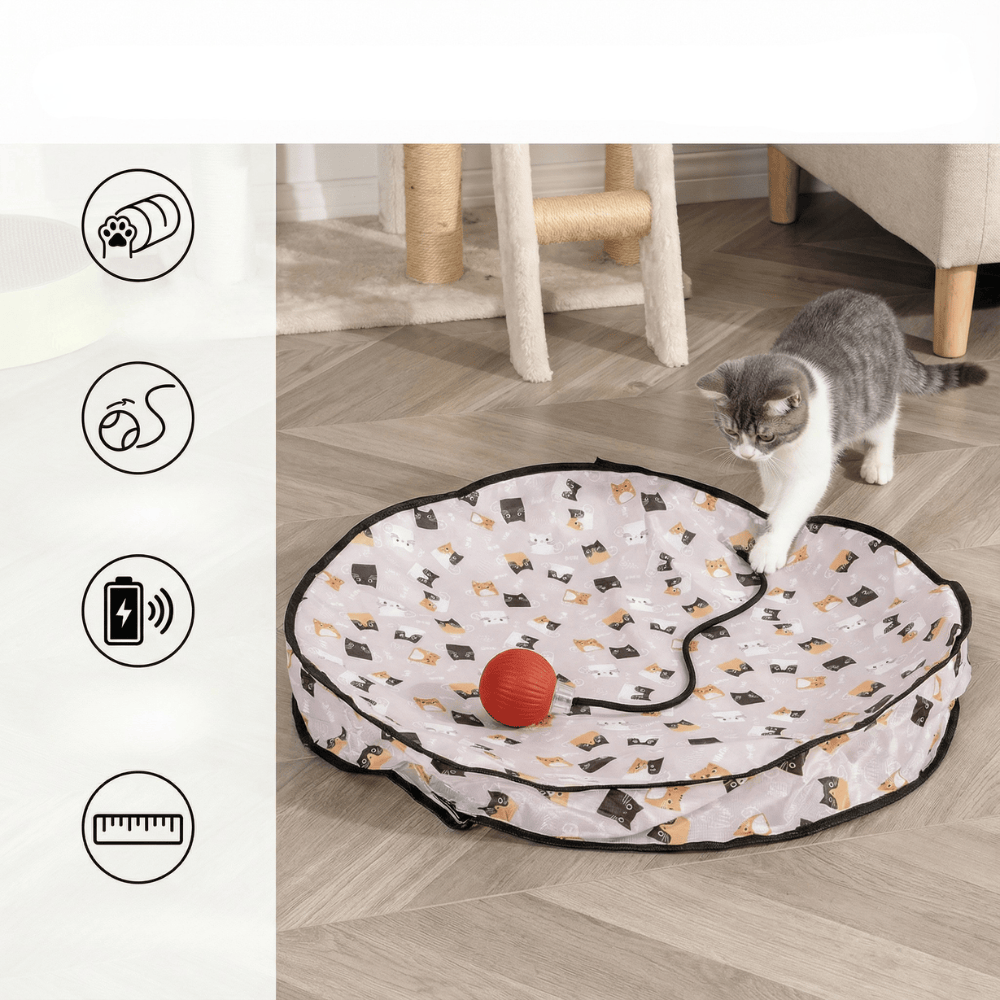 Grand tapis de jeu interactif pour chat (70 cm) avec balles pour la stimulation mentale et physique.