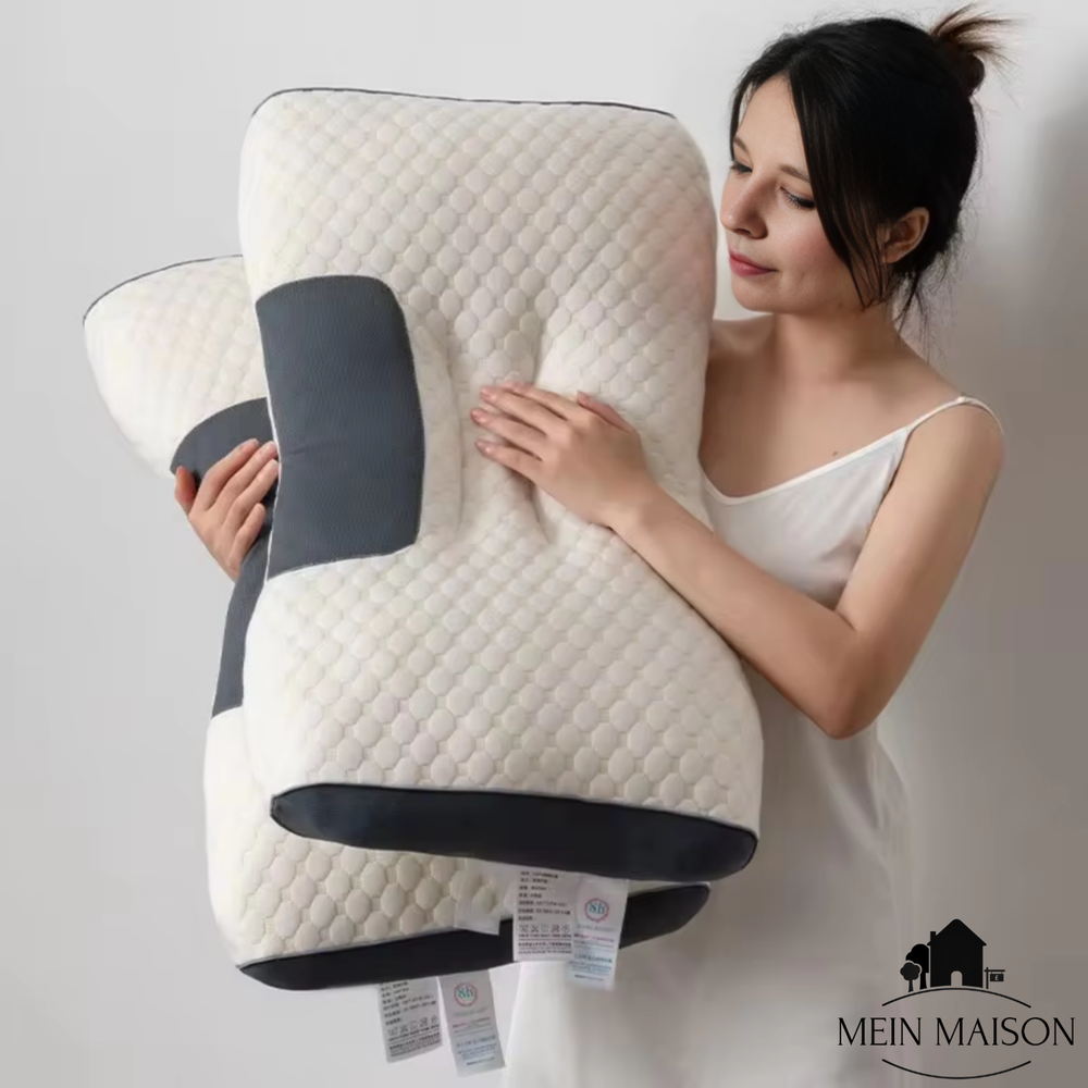 Oreiller cervical ergonomique pour un sommeil profond, soulageant les douleurs à la nuque et aux épaules.
