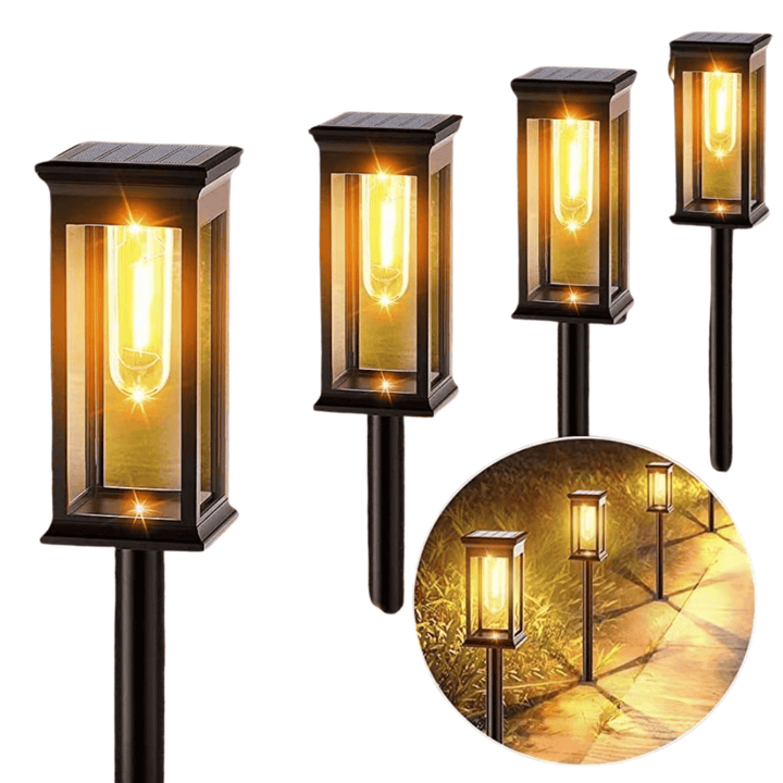 Lampe solaire sur pied design moderne, crée une ambiance lumineuse chaleureuse dans le jardin.