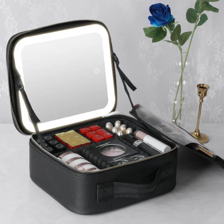 Organisateur de maquillage portable GlowLuxe en cuir PU, rangement cosmétiques.