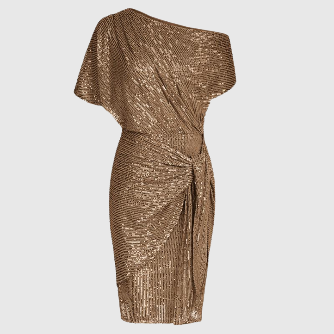 Robe femme mini bodycon à paillettes pour soirée ou fête, silhouette ajustée élégante et brillante.