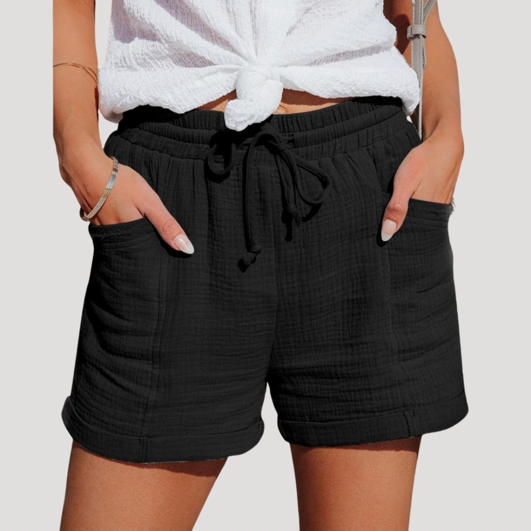 Short femme décontracté, taille élastique à cordon et poches. Idéal pour l'été et la mode femme confortable.