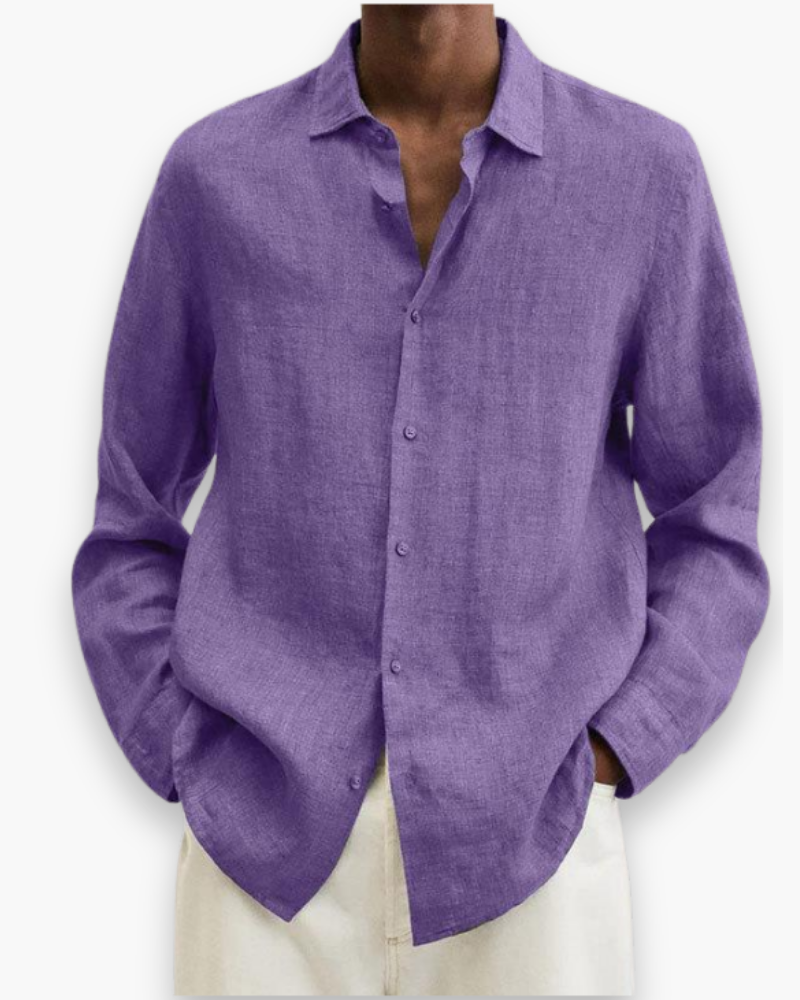 Chemise homme décontractée à manches longues, tissu confortable. Idéale pour un look versatile printemps-été.