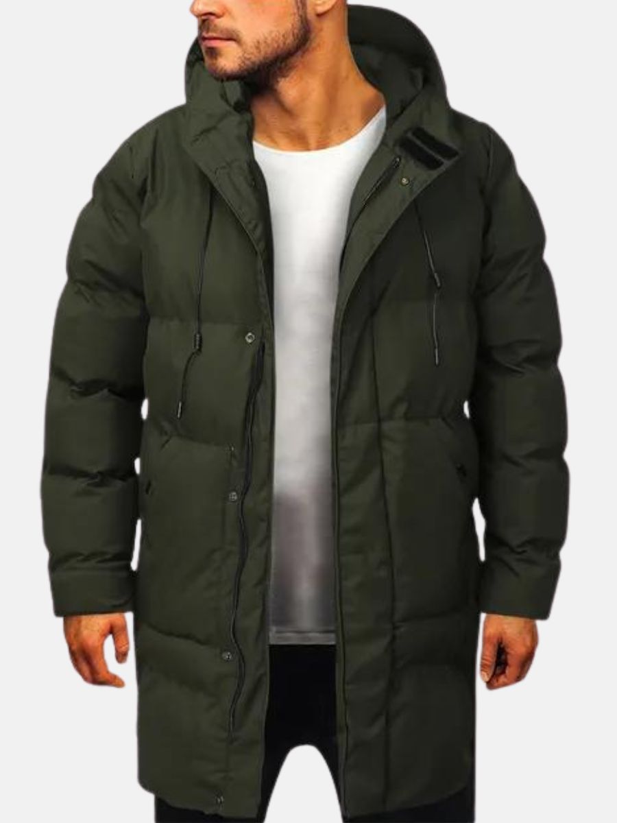 Manteau hiver homme long, chaud et confortable avec capuche pour une protection optimale contre le vent et le froid.