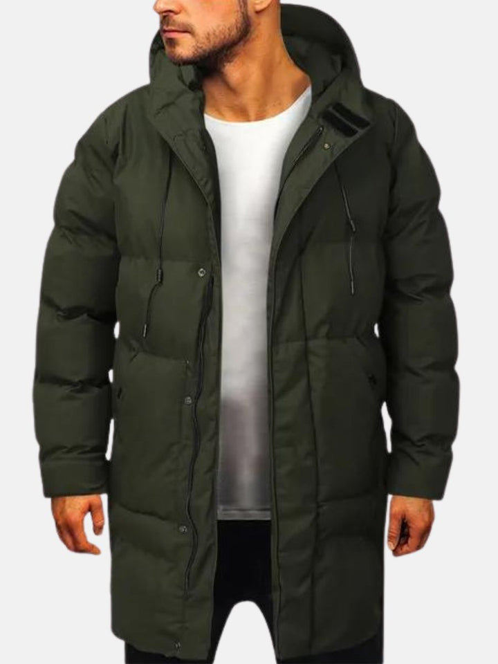 Manteau hiver homme long, chaud et confortable avec capuche pour une protection optimale contre le vent et le froid.