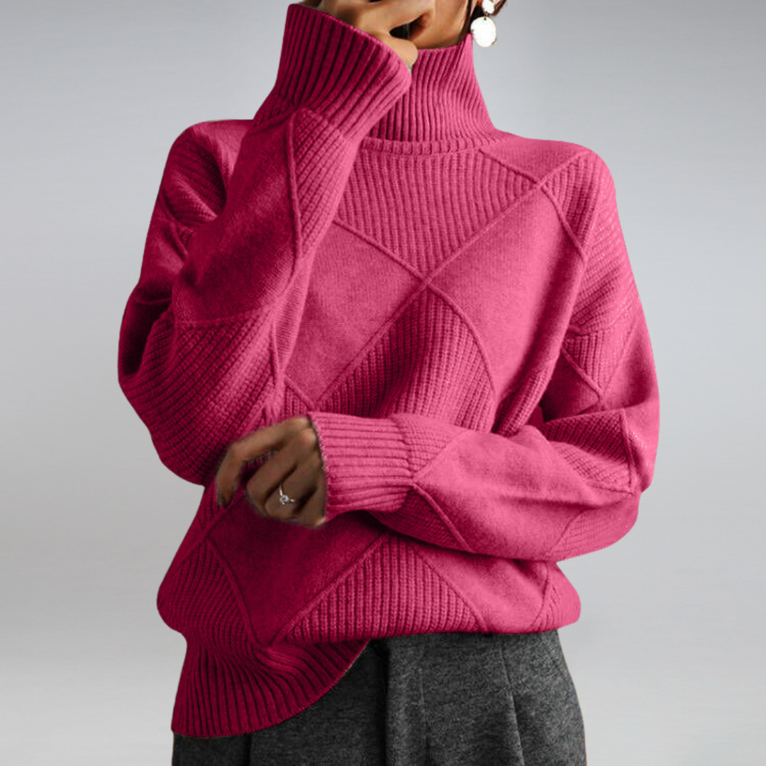 Pull tricoté doux femme à col roulé. Vêtement d'hiver chaud et confortable, style chic et féminin.