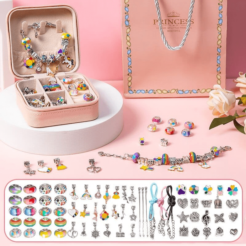 Ensemble de bracelets DIY personnalisé pour filles avec perles, breloques et boîte de rangement. Kit créatif enfant.