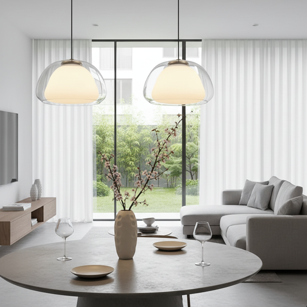 Lustre moderne en verre pour îlot de cuisine, design dôme ajustable et éclairage.