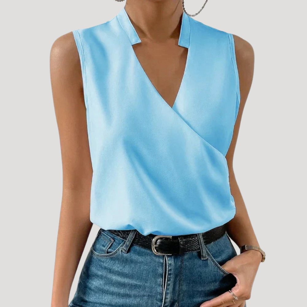 Blouse femme légère à col V, style tunique sans manches, parfaite pour printemps-été.