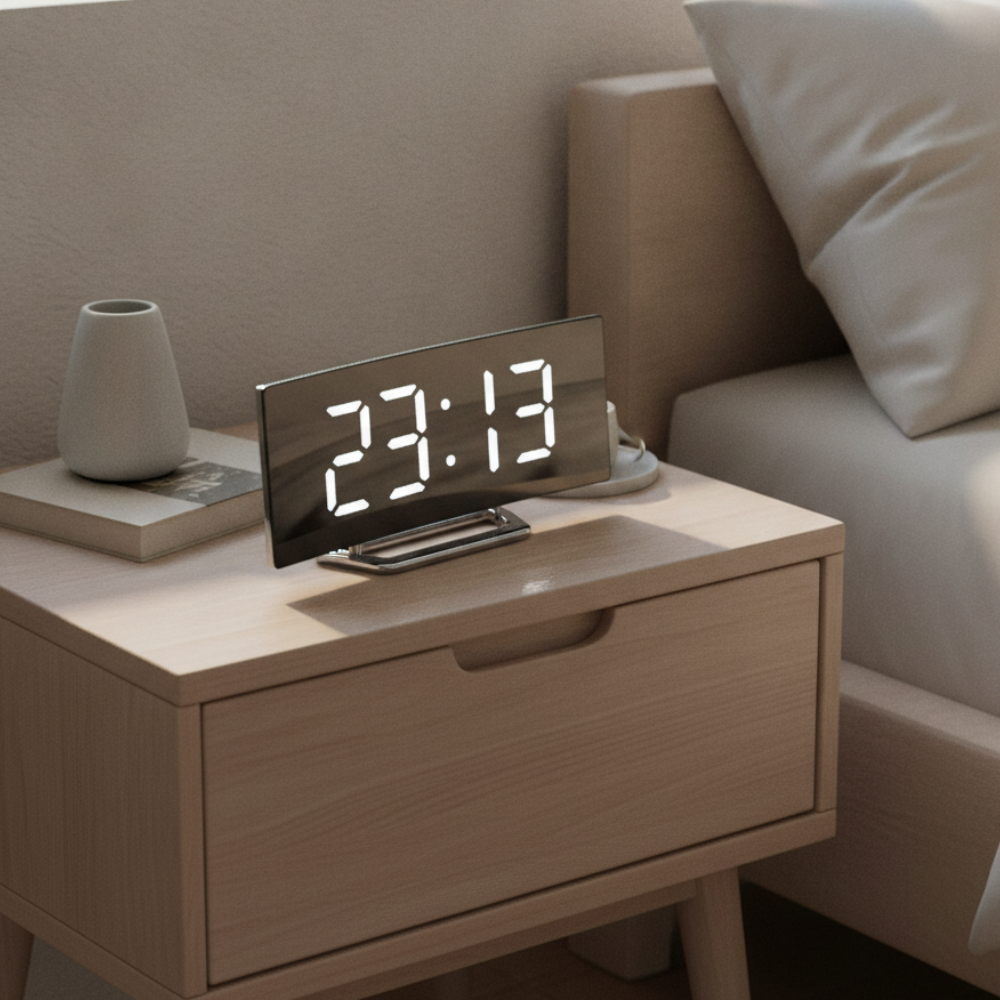 Élégant réveil numérique incurvé, affichage LED, fonction snooze et horloge silencieuse pour la chambre.