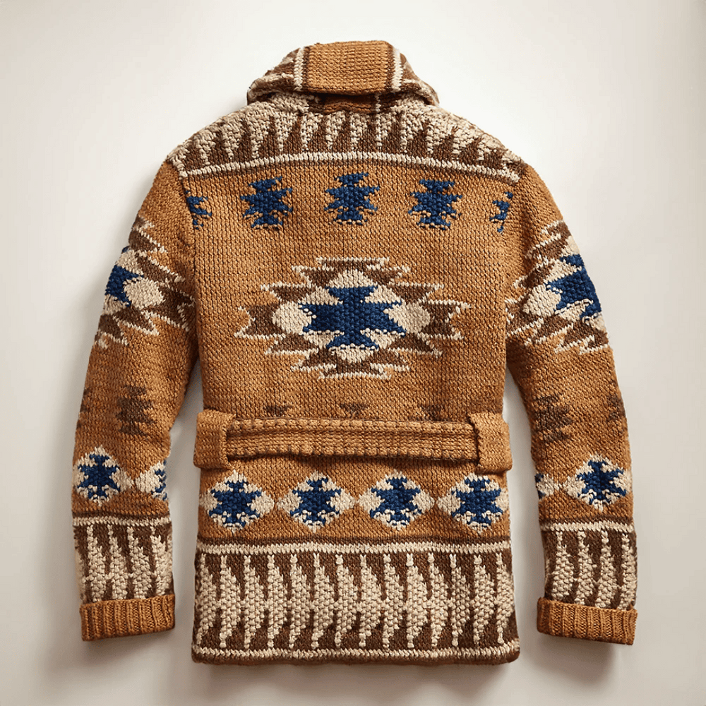 Gilet cardigan homme jacquard classique, motif ouest-américain. Vêtement vintage élégant et confortable mode automne.
