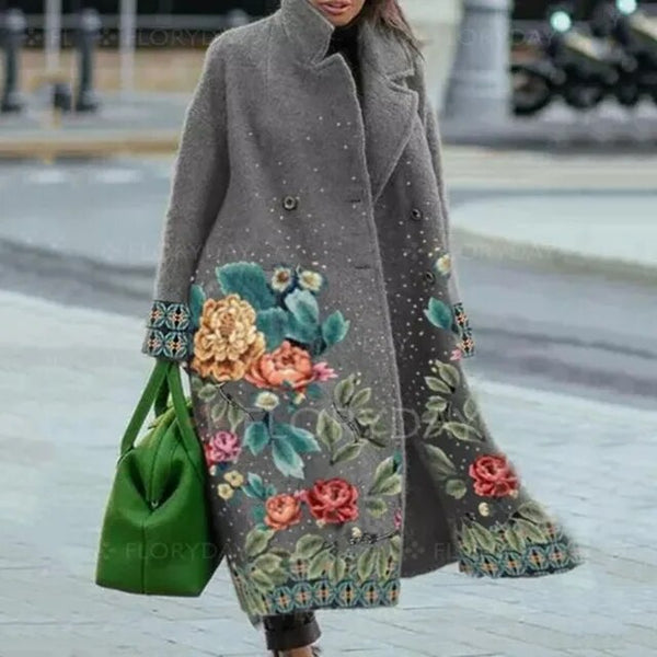 Manteau femme élégant Inaya, coupe longue florale. Confortable et tendance pour un style classique.