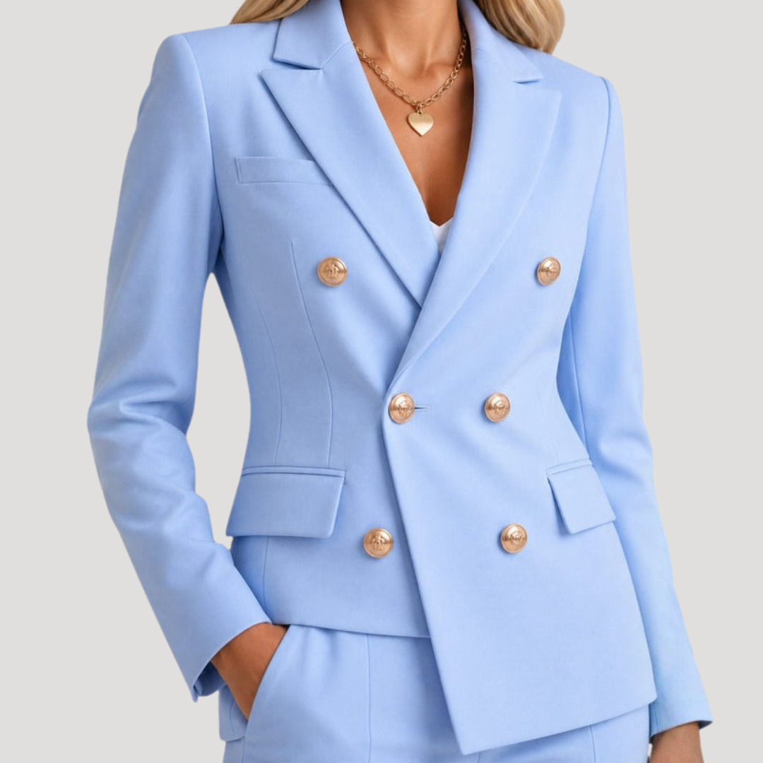 Tailleur pantalon femme chic, blazer croisé à double boutonnage, idéal pour la mode bureau.