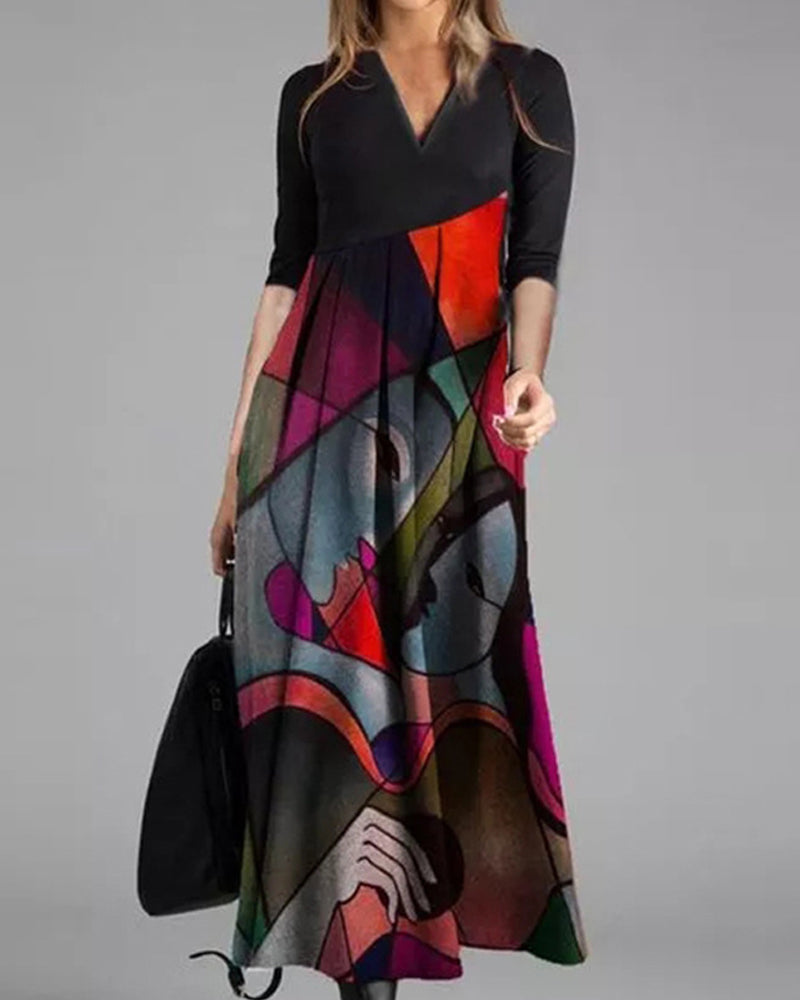 Robe femme chic color block, coupe évasée midi avec manches longues, parfaite pour occasions quotidiennes ou soirées.