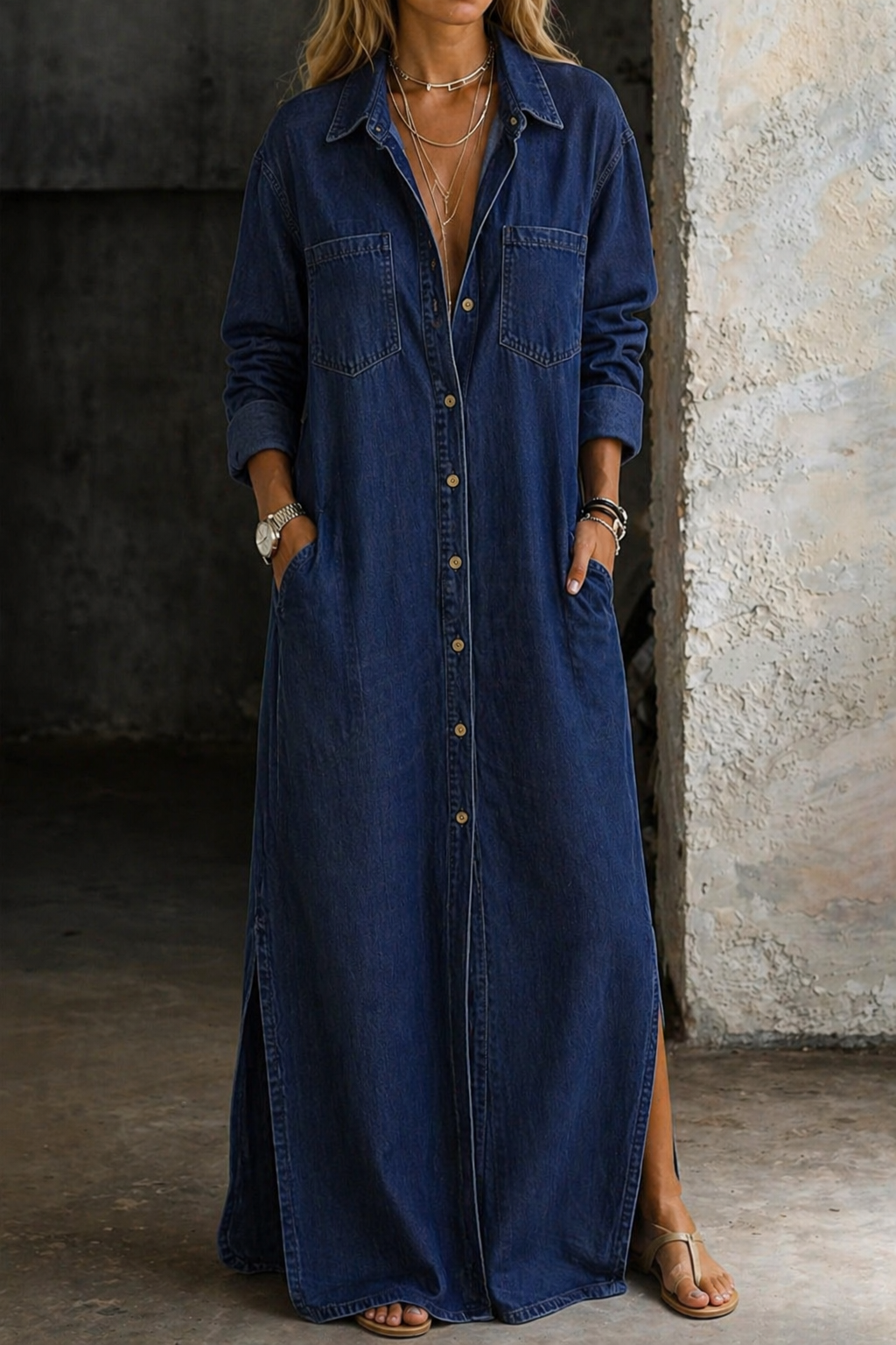 Robe chemise femme longue et fluide, boutonnée, style décontracté. Idéale pour le printemps et l'automne.