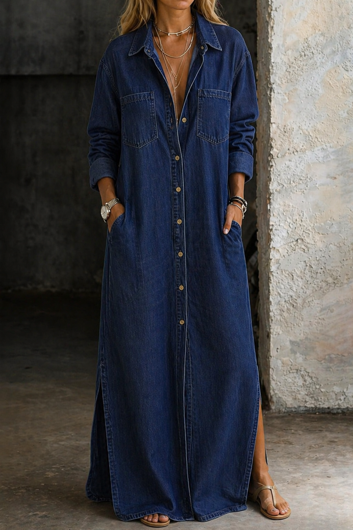 Robe chemise femme longue et fluide, boutonnée, style décontracté. Idéale pour le printemps et l'automne.