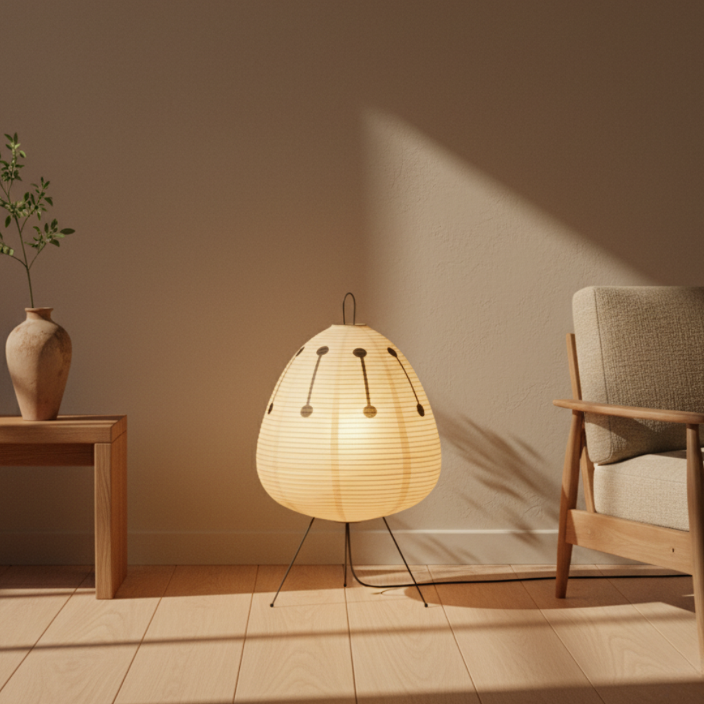 Lampe sur pied japonaise minimaliste blanche pour un éclairage doux et zen du salon ou de la chambre.