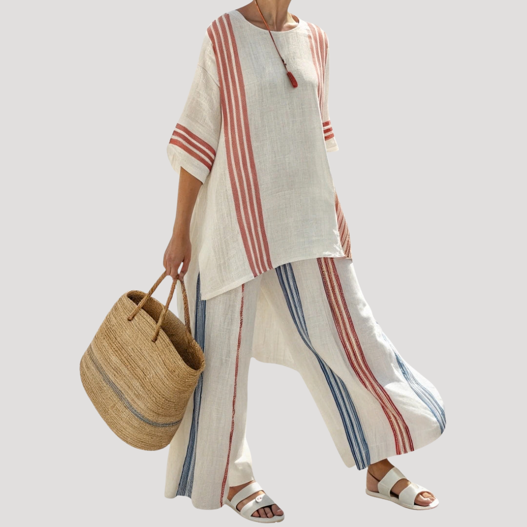 Tenue estivale bohème fluide: ensemble femme décontracté, tunique légère et pantalon large confortable.
