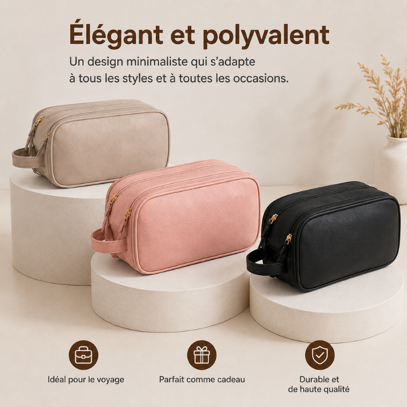 Organisateur de maquillage BeautéBox en cuir PU, idéal pour rangement cosmétiques de voyage.