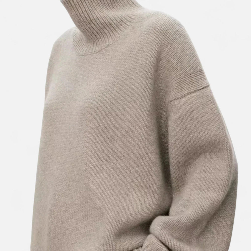 Pull femme en maille douce, col roulé chic, coupe ajustée pour un look mode élégant et confortable en automne.