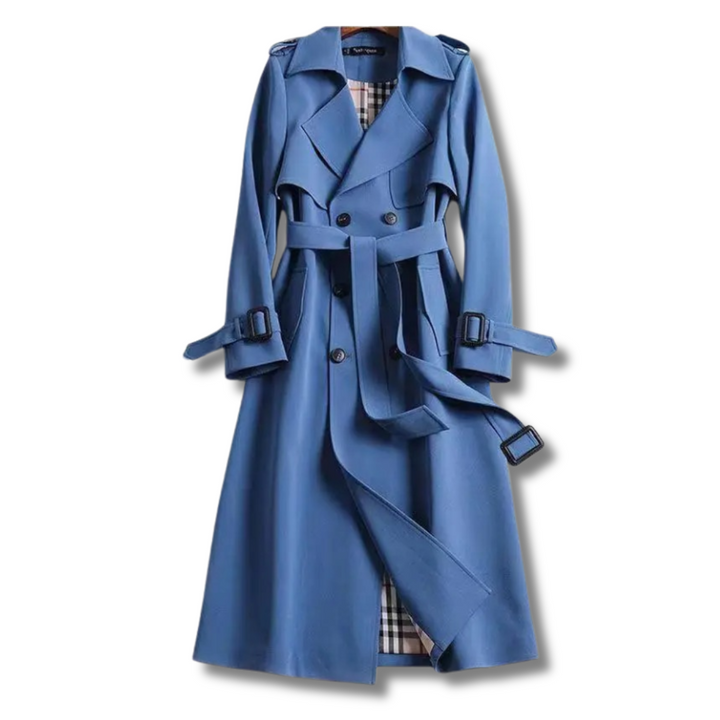 Manteau trench long boutonné pour femme, style intemporel et chic, parfait automne/printemps.