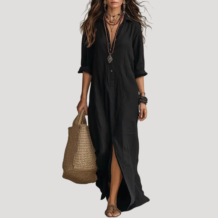 Robe longue bohème fluide femme, parfaite pour les vacances ou une tenue chic et décontractée au printemps.