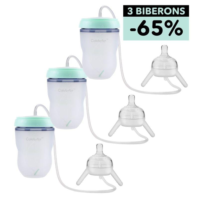 Biberon mains-libres anti-colique facilitant l'allaitement pour bébé et la vie des parents.