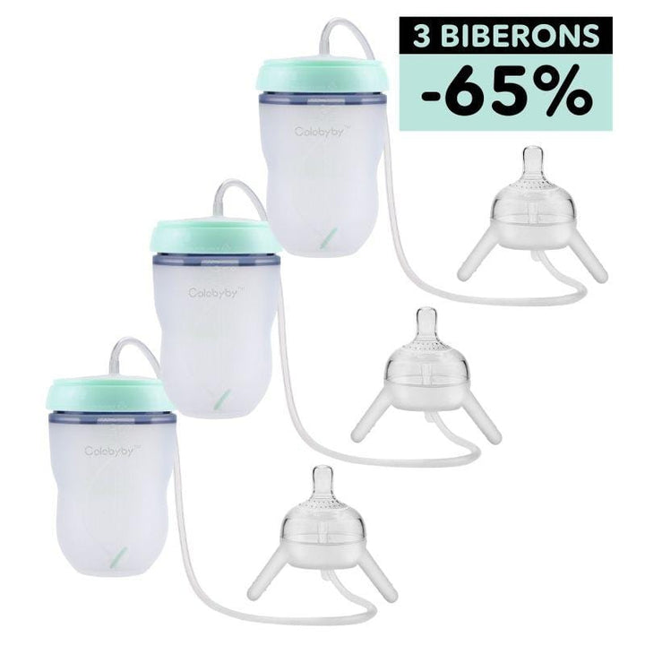 Biberon mains-libres anti-colique facilitant l'allaitement pour bébé et la vie des parents.