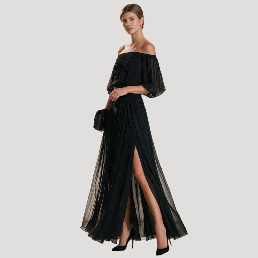 Élégante robe longue femme plissée, parfaite pour un cocktail ou une cérémonie de mariage. Style maxi.