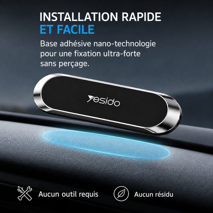 Accessoire auto compact: support magnétique pour smartphone, fixation adhésive tableau de bord voiture.