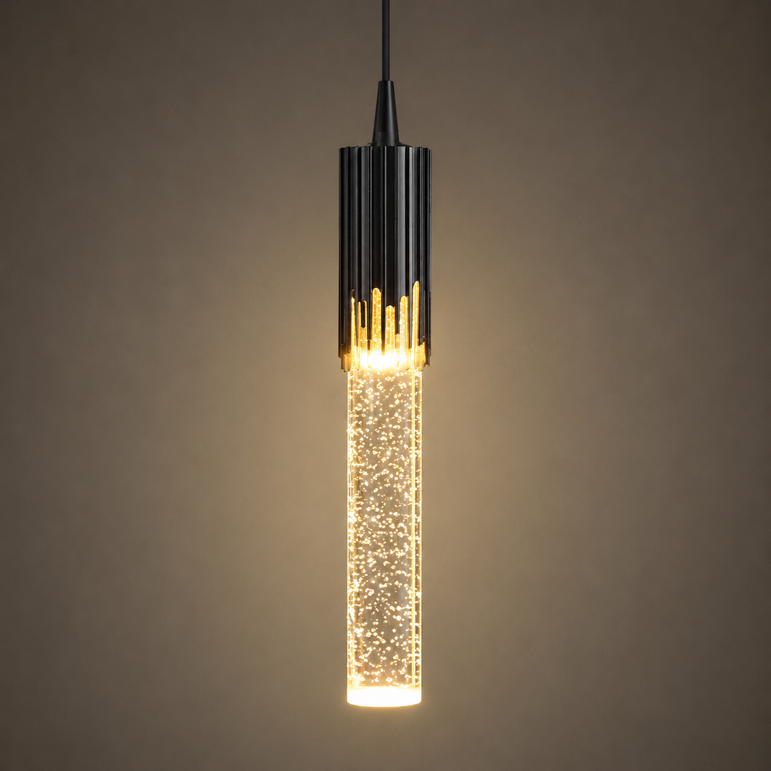 Lustre moderne en verre cylindrique, parfait pour ajouter une touche de design à votre intérieur.