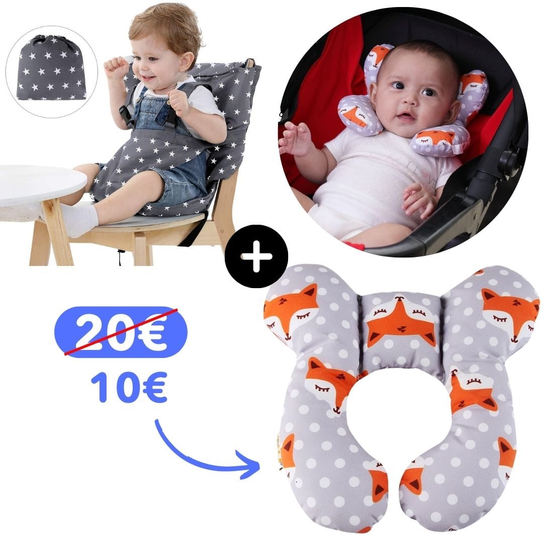 Chaise haute bébé portable en coton lavable, avec harnais, pour repas sûrs en voyage.