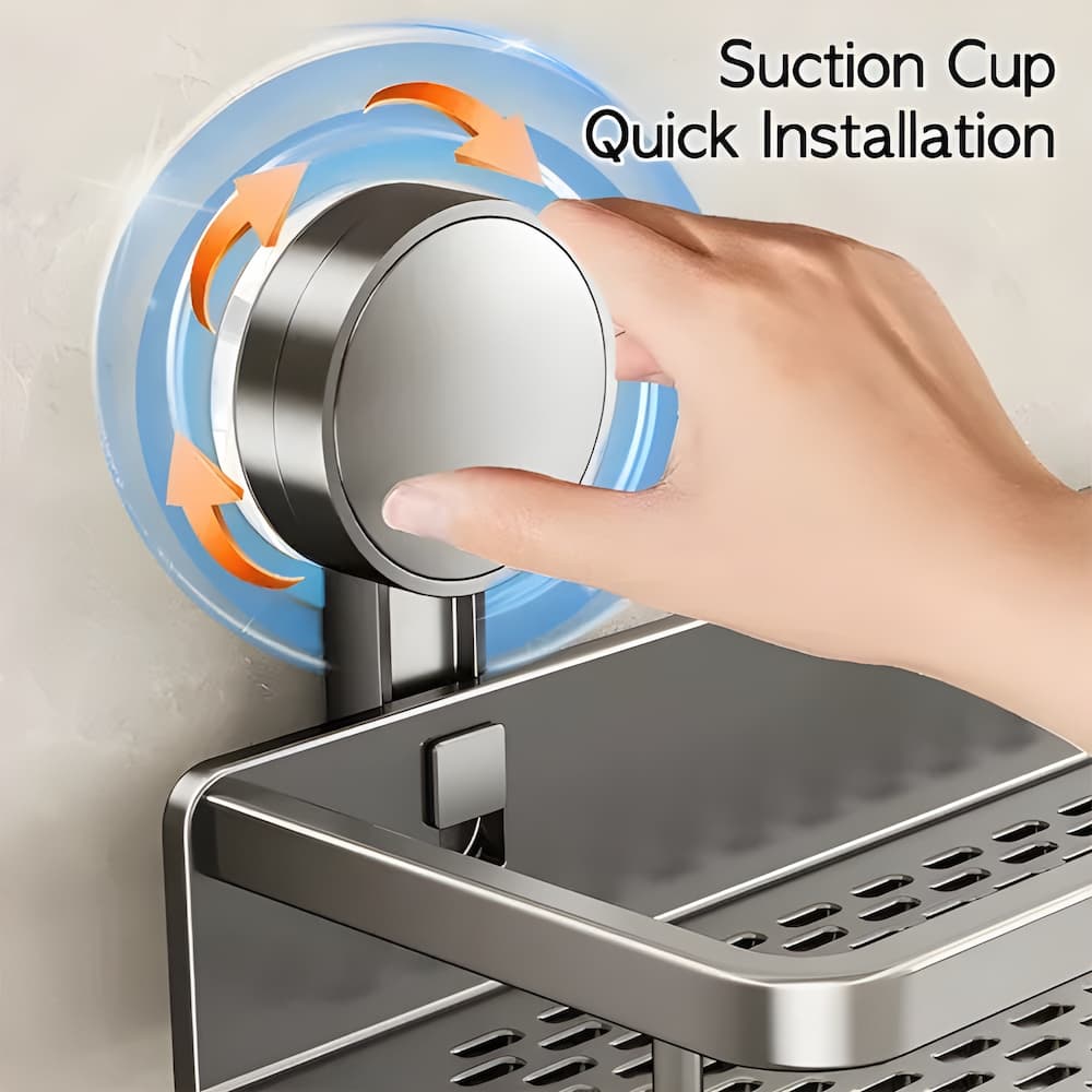 Étagère de douche Shelfy à ventouse, installation facile sans perçage pour shampoing et gel douche.