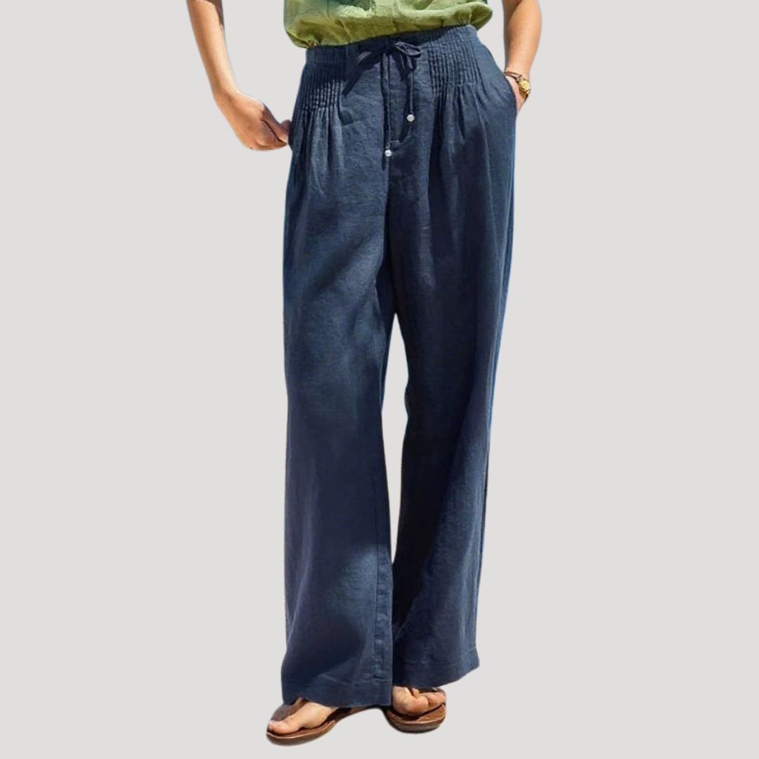 Pantalon femme d'été en coton, coupe ample et fluide, taille élastique pour un confort optimal.