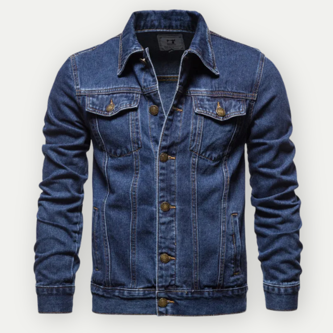 Veste en jean élégante homme, bleue, indispensable pour automne-printemps, tendance et polyvalente.