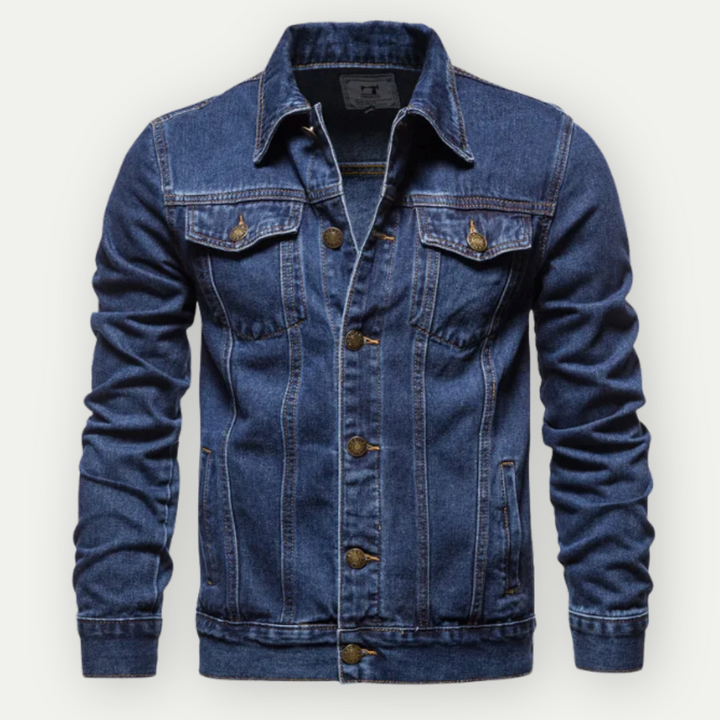 Veste en jean élégante homme, bleue, indispensable pour automne-printemps, tendance et polyvalente.