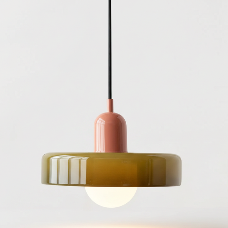 Luminaire suspendu style Bauhaus, verre teinté, éclairage créatif pour intérieur moderne.