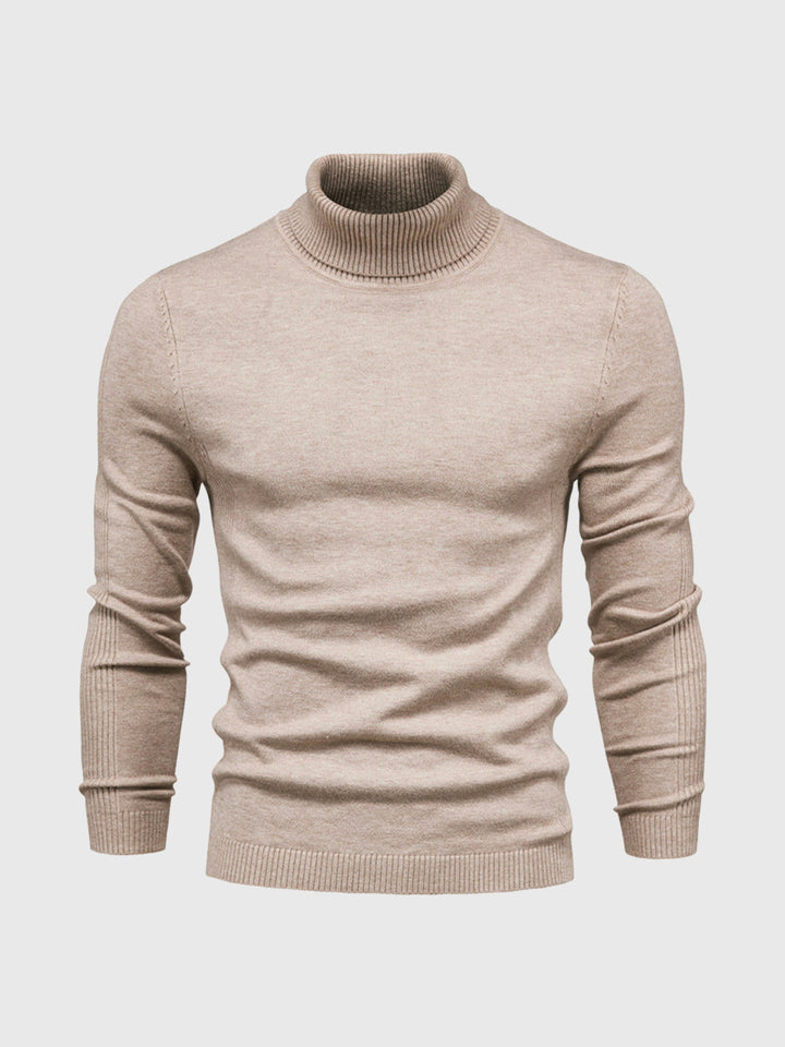 Vêtement homme élégant: pull col roulé marron foncé, coupe droite. Idéal pour un look raffiné.
