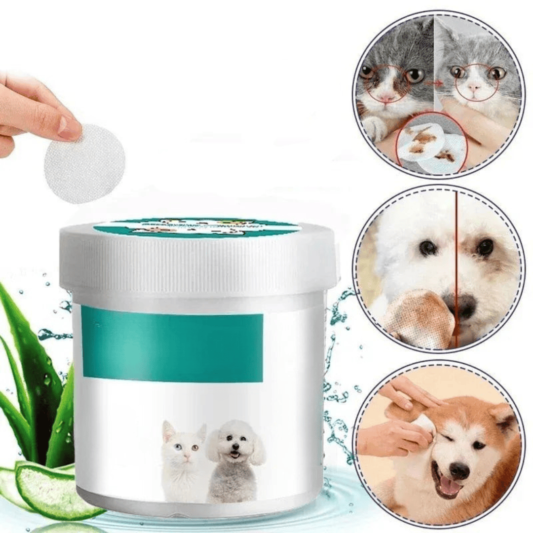 Lingettes nettoyantes douces pour les yeux de chien et chat. Paquet de 130 unités pour hygiène et soin des animaux.