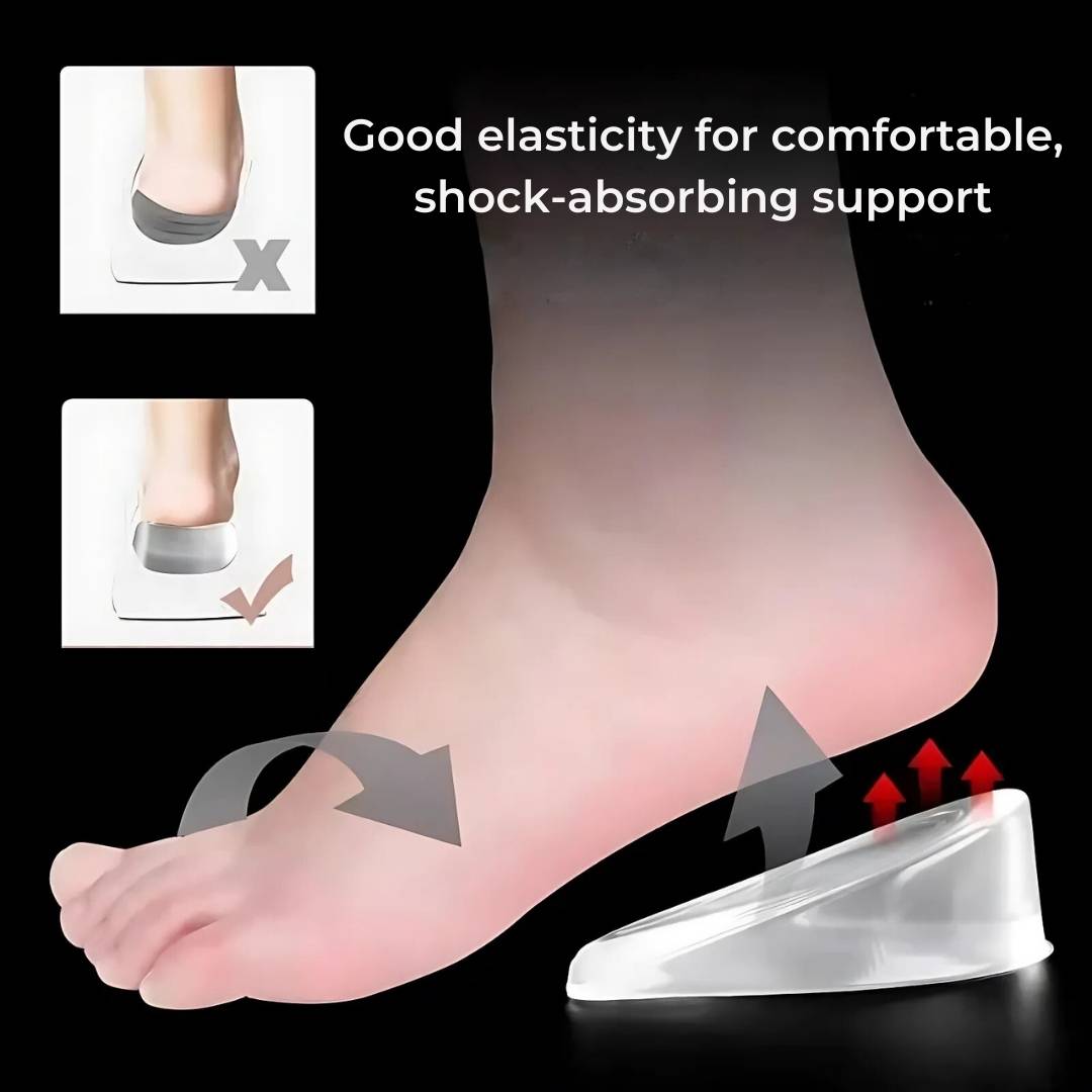 Semelles rehaussantes unisexe en gel silicone pour augmenter votre taille et améliorer votre posture discrètement.