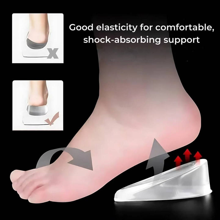 Semelles rehaussantes unisexe en gel silicone pour augmenter votre taille et améliorer votre posture discrètement.