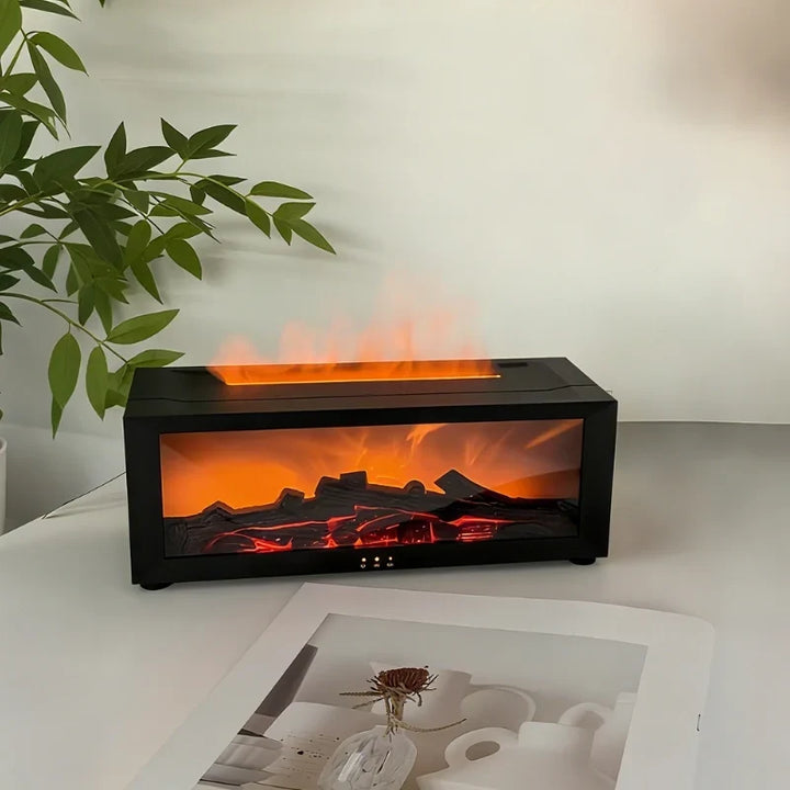 Humidificateur d'ambiance HearthGlow avec flamme LED et fonction arôme pour une maison relaxante.