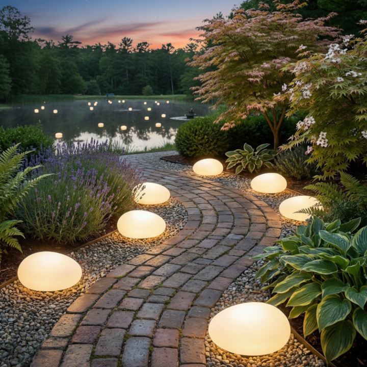 Lampe galet solaire LED étanche pour terrasse et allée, résistant aux intempéries toute l'année.