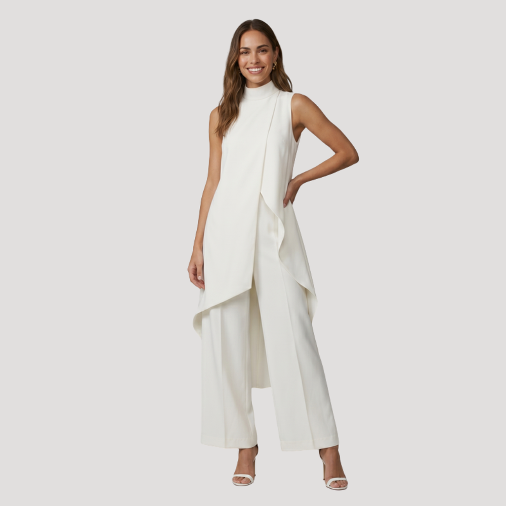 Haut asymétrique long chic pour femme, pièce maîtresse de l'ensemble. Parfait avec pantalon large élégant.