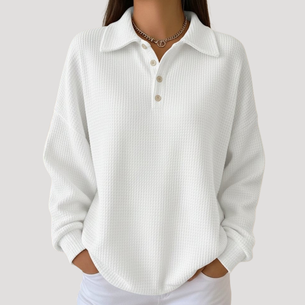 Pull femme oversize décontracté avec col polo, texture gaufrée. Parfait pour une mode femme confortable et chic.