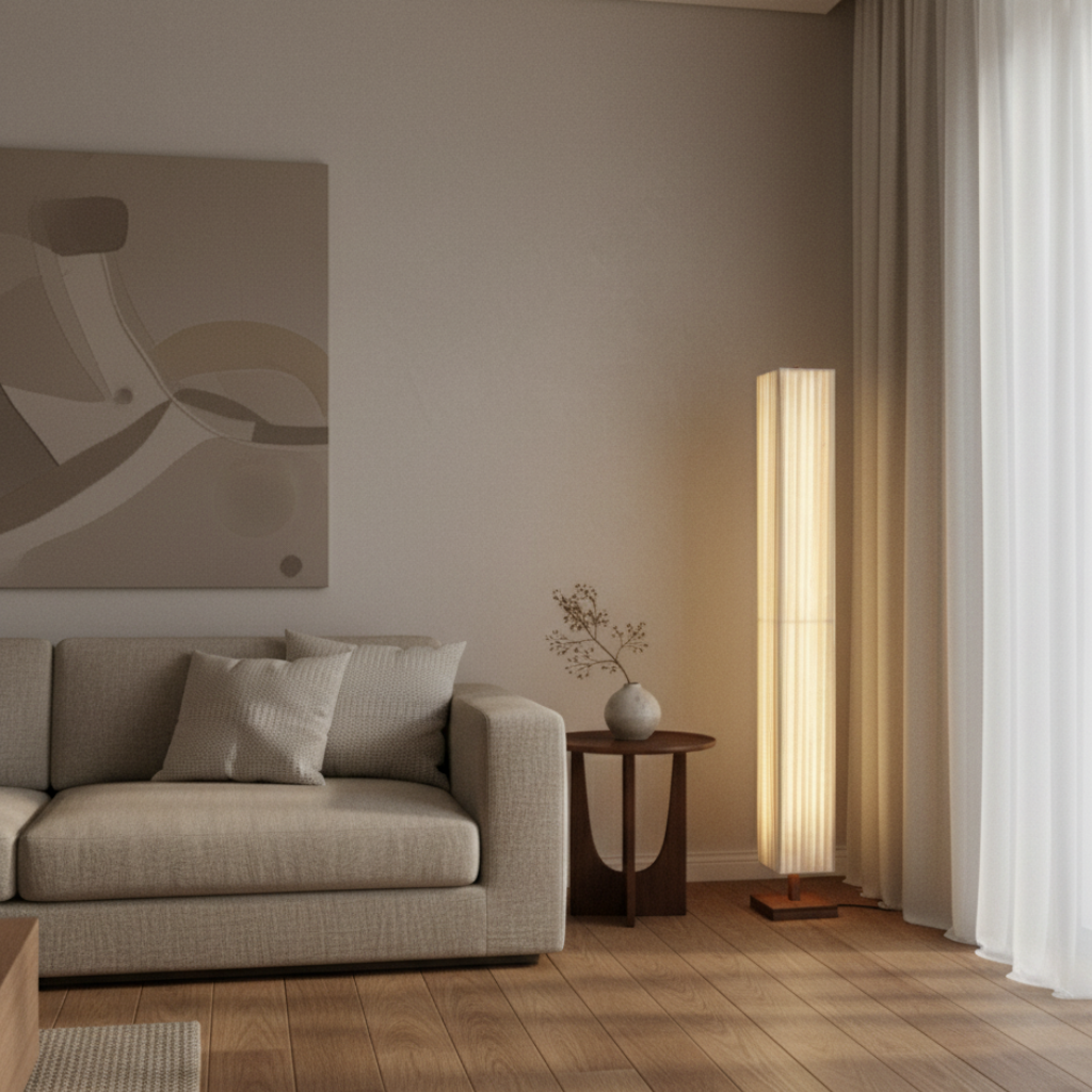 Élégante lampe sur pied japonaise moderne, éclairage doux pour chambre, décor zen et ambiance relaxante.