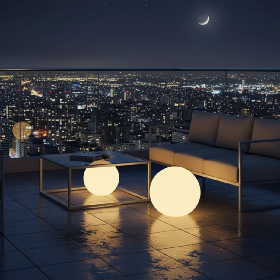 Lampe sphère LED RGB solaire et USB, éclairage d'ambiance sans fil, idéale pour patio ou piscine.